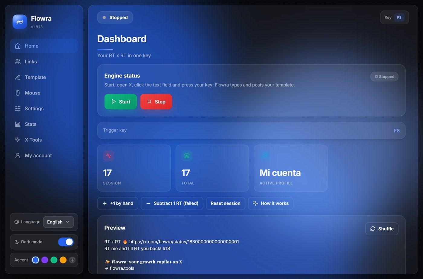 Flowra — Dashboard with first steps checklist and engine status
