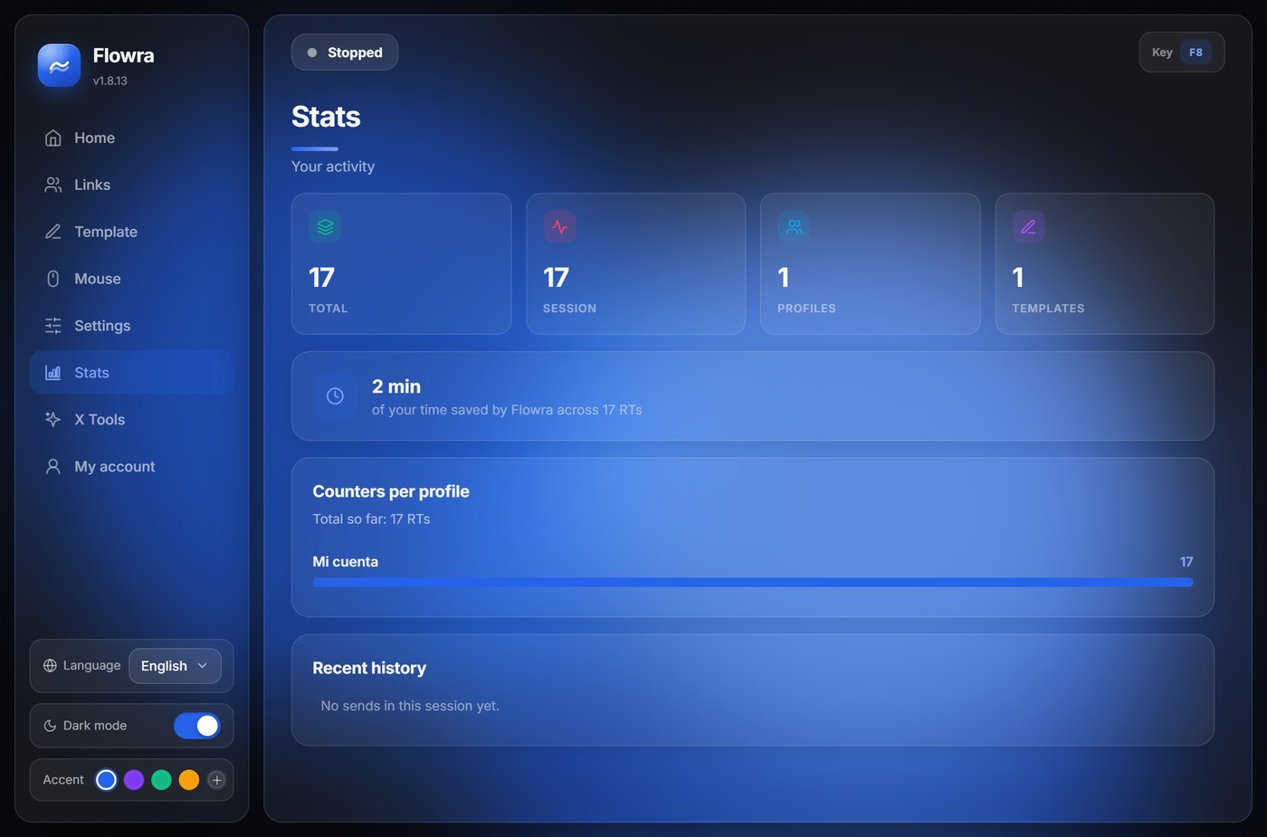 Flowra — Stats page with counters per profile